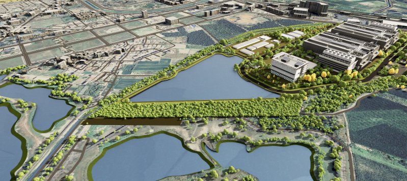 白埔產業園區透過園區滯洪池、綠帶及公園規劃，將採行相關生態保育共生對策，推動產業與環境共生。（經發局提供）