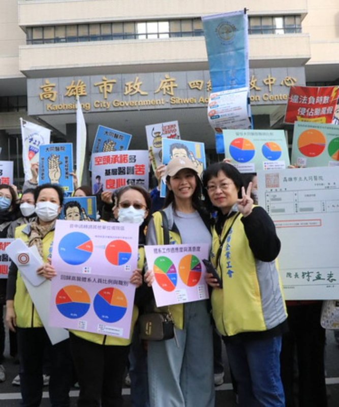 高雄市獨立總工會聯合高醫工會與大同醫院工會，今（8）日上午動員數百人前往高雄市政府前召開記者會，痛批移轉後「支票跳票、承諾落空」。