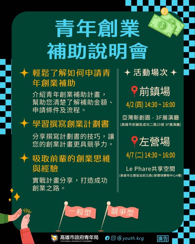 青年局將於4月2日及4月7日，分別在亞灣新創園與台鐵新左營站Le Phare共享空間舉辦青創補助說明會，協助青創團隊了解補助申請重點。