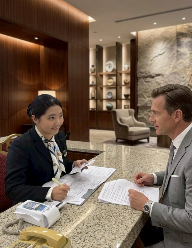 第三名 黃韻宣同學櫃台接待外國客人。