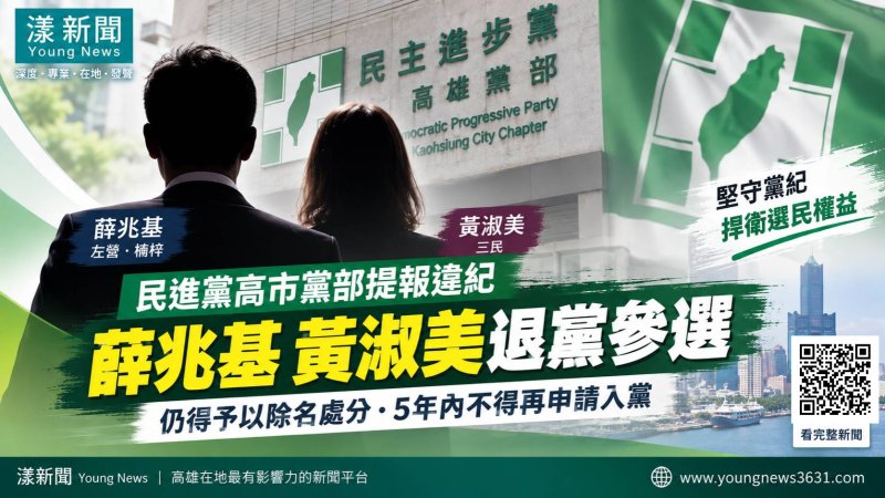 漾新聞｜薛兆基黃淑美退黨參選　民進黨高市黨部提報違紀 https://youngnews3631.com/news_detail.php?NewsID=18030