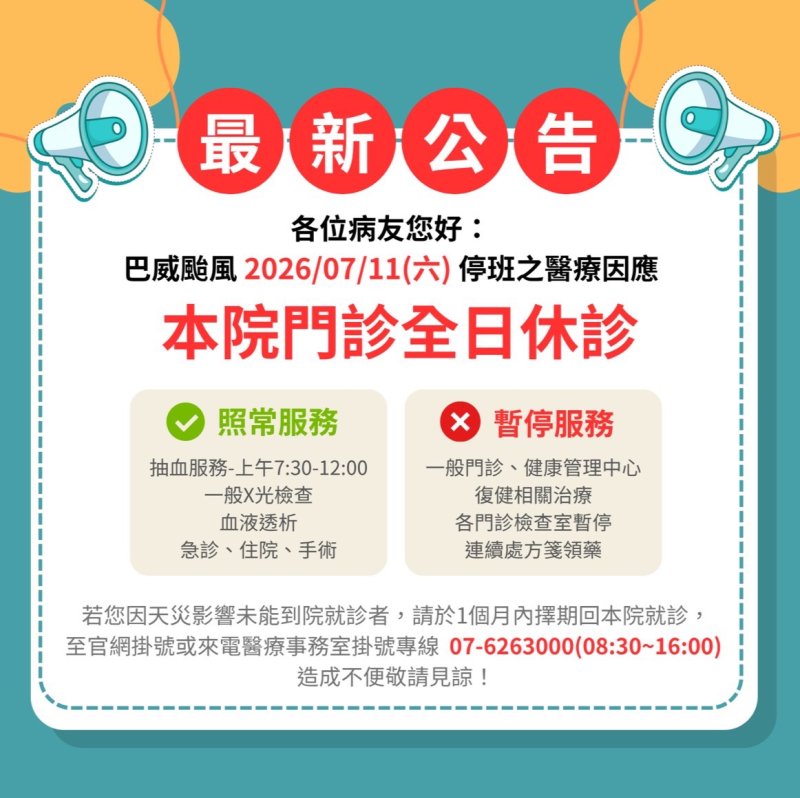 漾新聞｜巴威颱風來襲高醫岡山醫院今11日門診全面停診