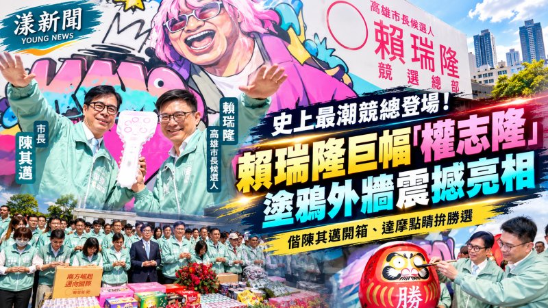 賴瑞隆競總「權志隆」巨幅塗鴉亮相　陳其邁開箱同框玩娃包