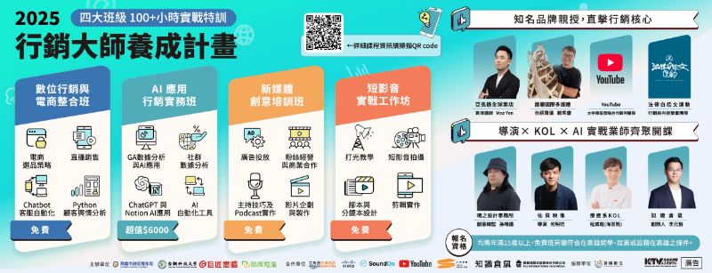 今年第五屆「行銷大師養成計畫」課程豐富多元，師資陣容堅強，即日起開放報名。