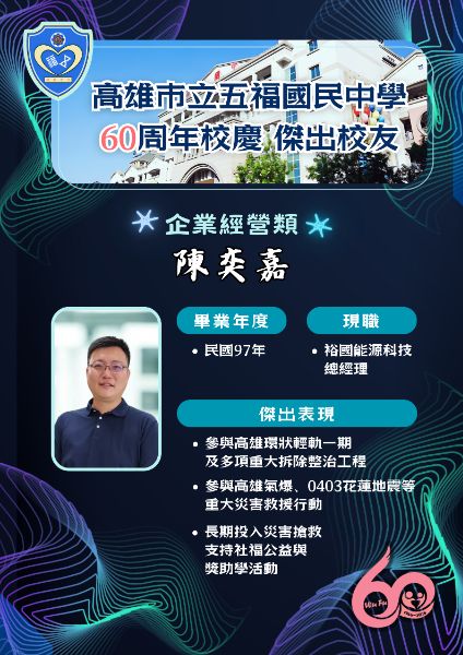 第七屆傑出校友企業經營類:裕國建設有限公司總經理陳奕嘉。(漾新聞記者陳雯萍翻攝) 第七屆傑出校友企業經營類:裕國建設有限公司總經理陳奕嘉。(漾新聞記者陳雯萍翻攝)