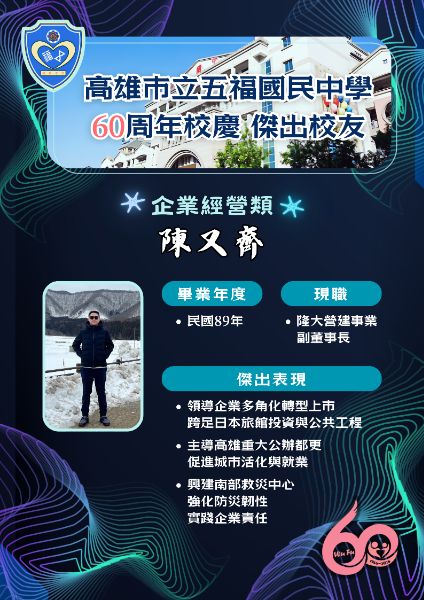 第七屆傑出校友企業經營類:隆大建設副董事長陳又齊。(漾新聞記者陳雯萍翻攝) 第七屆傑出校友企業經營類:隆大建設副董事長陳又齊。(漾新聞記者陳雯萍翻攝)