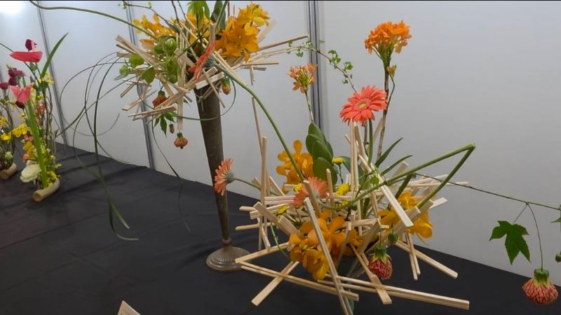 鍋碗瓢盆、水杯、環保竹筷、菜瓜布等生活創作的巧思,展現協會三十年來深耕花藝文化的成果。(漾新聞記者陳雯萍攝) 鍋碗瓢盆、水杯、環保竹筷、菜瓜布等生活創作的巧思,展現協會三十年來深耕花藝文化的成果。(漾新聞記者陳雯萍攝)