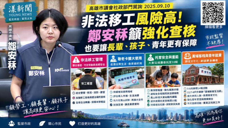 漾新聞|非法移工、托育安全到敬老卡 鄭安秝緊盯鳳山民生 大東站規畫夜托至晚間10時 https://www.youngnews3631.com/news_detail.php?NewsID=17900 漾新聞|非法移工、托育安全到敬老卡 鄭安秝緊盯鳳山民生 大東站規畫夜托至晚間10時 https://www.youngnews3631.com/news_detail.php?NewsID=17900