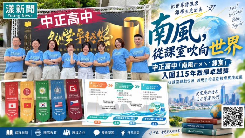 漾新聞|「一堂課打開一個世界」中正高中「南風ㄏㄨㄟˋ課室」入圍教學卓越獎 https://www.youngnews3631.com/news_detail.php?NewsID=17943 漾新聞|「一堂課打開一個世界」中正高中「南風ㄏㄨㄟˋ課室」入圍教學卓越獎 https://www.youngnews3631.com/news_detail.php?NewsID=17943