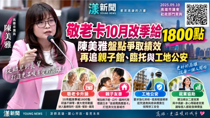 漾新聞｜敬老卡10月改季給1800點　陳美雅盤點爭取績效再追親子館、臨托與工地公安